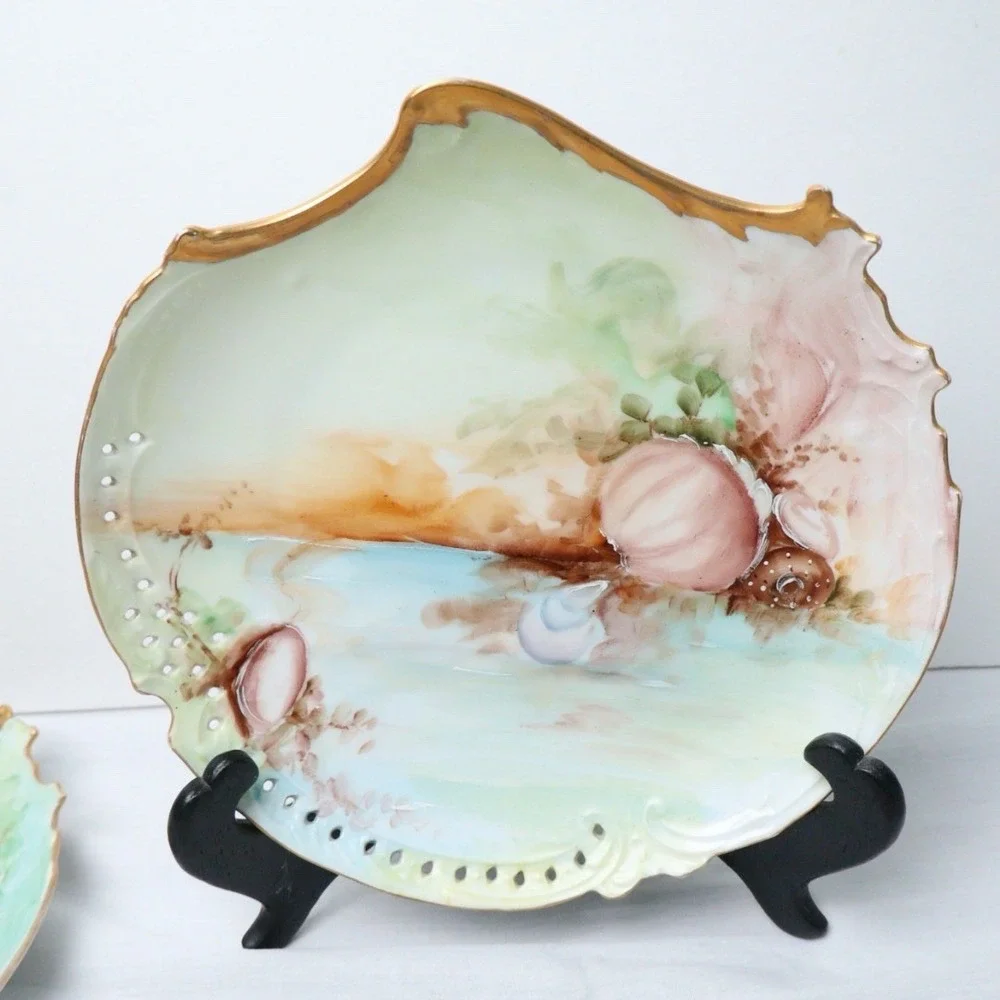 4 Antique Bavaria Rosenthal Savoy Porcelain Sea Shell Plates Gold Gilt Trim